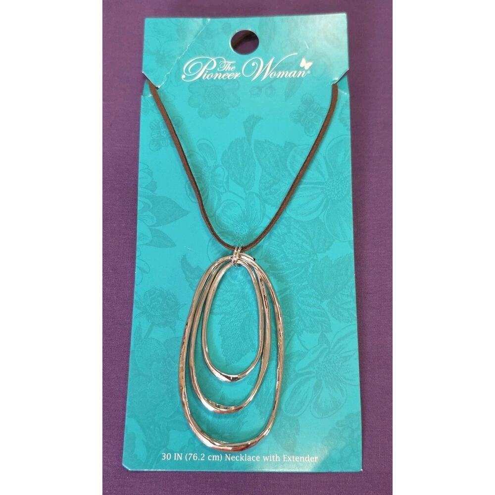 Pioneer Woman Signed Large Pendant Necklace Silver Tone Ovals Long Brown Cord